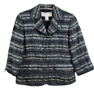 Doncaster Tweed Embroidered Silk Blend Buttoned Blazer Jacket Gray Black Size 2